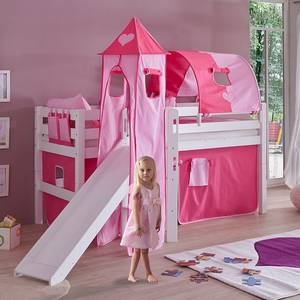 Spielbett Eliyas mit Rutsche, Vorhang, Tunnel, Turm und Tasche - Buche weiß/Textil pink-herz