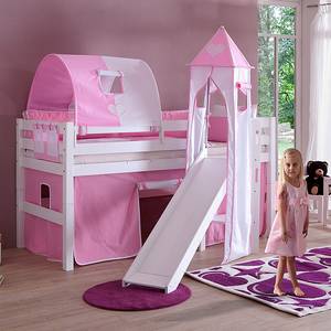 Spielbett Eliyas mit Rutsche, Vorhang, Tunnel, Turm und Tasche - Buche weiß/Textil rosa-weiß-herz
