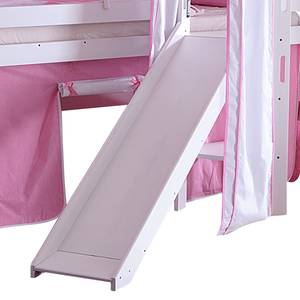 Spielbett Eliyas mit Rutsche, Vorhang, Tunnel, Turm und Tasche - Buche weiß/Textil rosa-weiß-herz