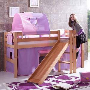 Spielbett Eliyas mit Rutsche, Vorhang, Tunnel und Tasche - Buche natur/Textil purple-rosa-herz