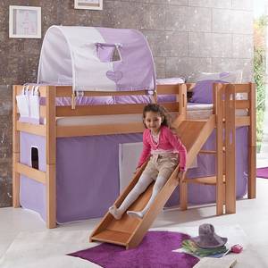 Spielbett Eliyas mit Rutsche, Vorhang, Tunnel und Tasche - Buche natur/Textil purple-weiß-herz