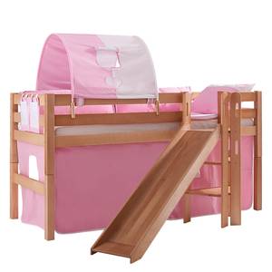 Spielbett Eliyas mit Rutsche, Vorhang, Tunnel und Tasche - Buche natur/Textil rosa-weiß-herz