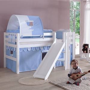 Letto per bambini Eliyas Con scivolo, tenda, tunnel e taschino - Faggio bianco/Tessuto azzurro