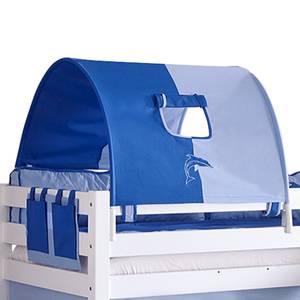 Letto per bambini Eliyas Con scivolo, tenda, tunnel e taschino - Faggio bianco/Tessuto - Blu con motivo a delfino