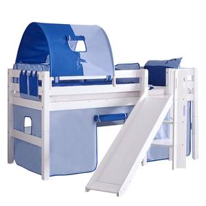 Letto per bambini Eliyas Con scivolo, tenda, tunnel e taschino - Faggio bianco/Tessuto - Blu con motivo a delfino