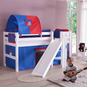 Letto per bambini Eliyas Con scivolo, tenda, tunnel e taschini Faggio bianco/Tessuto blu-rosso