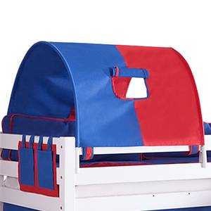 Letto per bambini Eliyas Con scivolo, tenda, tunnel e taschini Faggio bianco/Tessuto blu-rosso