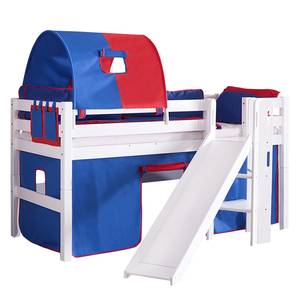 Spielbett Eliyas mit Rutsche, Vorhang, Tunnel und Tasche Buche weiß/Textil blau-rot