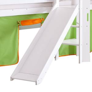 Letto per bambini Eliyas Con scivolo, tenda, tunnel e taschino - Faggio bianco/Tessuto verde-arancione