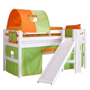 Lit ludique Eliyas Avec toboggan, rideau, tunnel et poche - Hêtre / Tissu - Vert / Orange