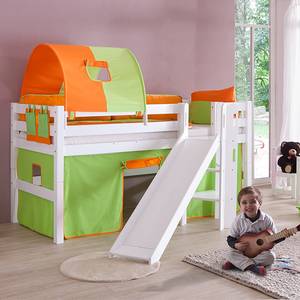 Letto per bambini Eliyas Con scivolo, tenda, tunnel e taschino - Faggio bianco/Tessuto verde-arancione