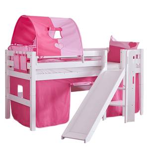 Spielbett Eliyas mit Rutsche, Vorhang, Tunnel und Tasche - Buche weiß/Textil pink-herz