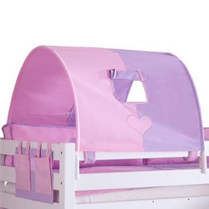 Spielbett Eliyas mit Rutsche, Vorhang, Tunnel und Tasche - Buche weiß/Textil purple-rosa-herz