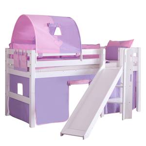 Spielbett Eliyas mit Rutsche, Vorhang, Tunnel und Tasche Buche weiß/Textil purple-rosa-herz