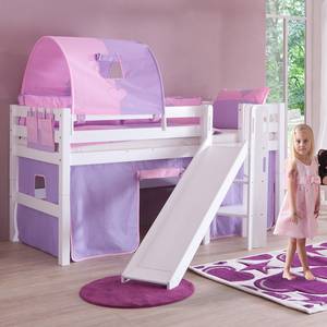 Spielbett Eliyas mit Rutsche, Vorhang, Tunnel und Tasche - Buche weiß/Textil purple-rosa-herz