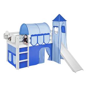 Spielbett JELLE Blau Hochbett LILOKIDS - mit Turm und Rutsche und Vorhang - weiß - 90 x 190 cm