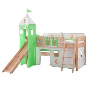 Spielbett Kim Buche massiv - Natur lackiert - mit Rutsche, Turm und Textilset in Beige/Grün