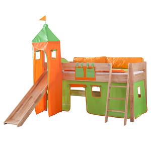 Spielbett Kim Buche massiv - Natur lackiert - mit Rutsche, Turm und Textilset in Grün/Orange