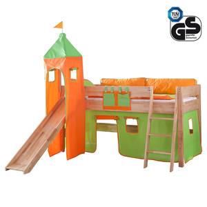 Spielbett Kim Buche massiv - Natur lackiert - mit Rutsche, Turm und Textilset in Grün/Orange