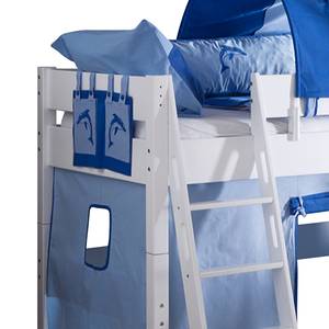Spielbett Kim Massivholz Buche - Weiß lackiert - mit Rutsche, Turm und Textilset in Blau