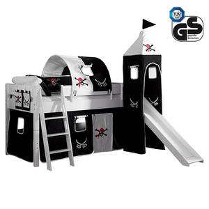Spielbett Kim Massivholz Buche - Weiß lackiert - mit Rutsche, Turm und Textilset in Schwarz/Weiß