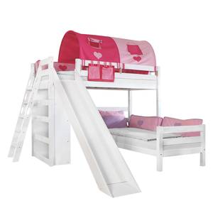 Spielbett Sky Buche massiv Weiß lackiert mit Rutsche, Regal, Tunnel und Tasche