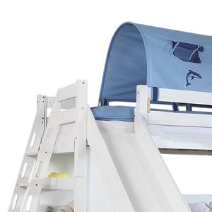 Spielbett Sky Buche massiv - Weiß/Textil Blau-Delfin - mit Rutsche, Regal und Tunnel