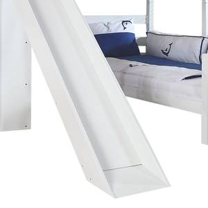 Letto per bambini Legno massello di faggio Bianco/Tessuto blu-delfino con scivolo, scaffale e tunnel Con