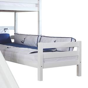 Letto per bambini Legno massello di faggio Bianco/Tessuto blu-delfino con scivolo, scaffale e tunnel Con