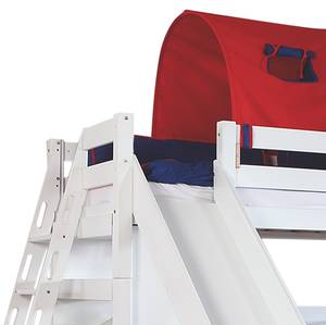 Spielbett Sky Buche massiv - Weiß/Textil Blau-Rot  - mit Rutsche,Regal, Tunnel und Tasche