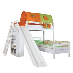 Spielbett Sky mit Rutsche, Regal, Tunnel und Tasche - Buche massiv weiß/Textil grün-orange
