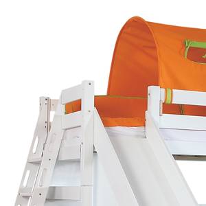 Spielbett Sky mit Rutsche, Regal, Tunnel und Tasche - Buche massiv weiß/Textil grün-orange