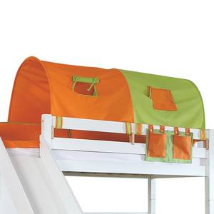 Speelbed Sky met glijbaan, opbergkast, tunnel en tas - massief beuken wit/textiel groen-oranje