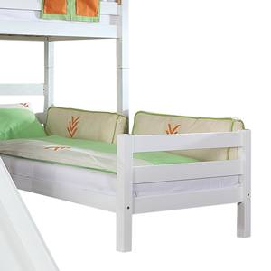 Letto per bambini Sky Con scivolo, scaffale, tunnel e borse Legno massello di faggio bianco/Tessuti verdi arancioni