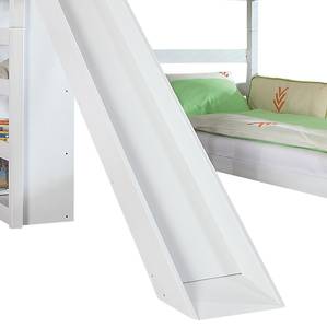 Spielbett Sky mit Rutsche, Regal, Tunnel und Tasche Buche massiv weiß/Textil grün-orange
