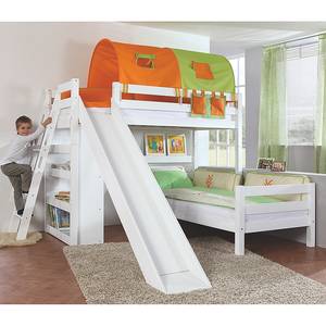 Letto per bambini Sky Con scivolo, scaffale, tunnel e borse Legno massello di faggio bianco/Tessuti verdi arancioni