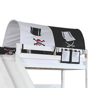 Spielbett Sky mit Rutsche, Regal, Tunnel und Tasche - Buche massiv weiß/Textil Pirat