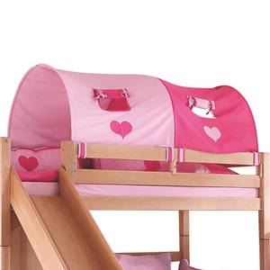 Spielbett Sky mit Rutsche, Regal und Tunnel - Buche massiv natur /Textil pink-herz