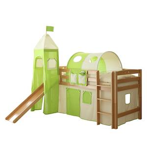 Spielbett Toby R I Massivholz Buche lackiert - mit Rutsche, Turm und Textilset - Braun-Beige