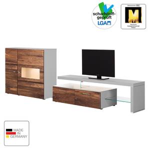 Meuble TV Solano Partiellement en bois massif - Noyer / Gris platine - Porte en verre à gauche - Avec éclairage