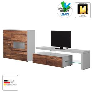 Meuble TV Solano Partiellement en bois massif - Noyer / Gris platine - Porte en verre à gauche - Sans éclairage