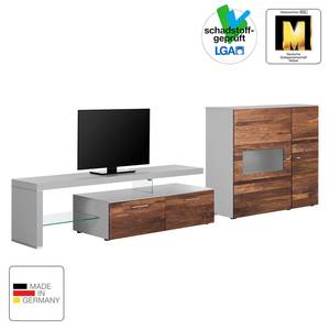 Meuble TV Solano Partiellement en bois massif - Noyer / Gris platine - Porte en verre à droite - Sans éclairage