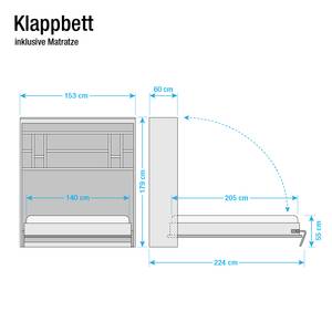 Schrankbett KiYDOO smart Weiß / Kernbuche Dekor - 140 x 205 cm - Kaltschaummatratze