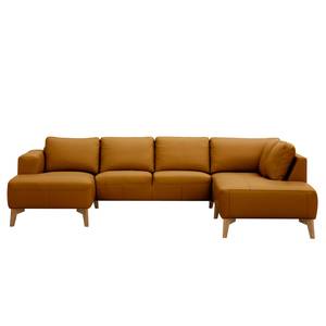 Wohnlandschaft Bora Echtleder Echtleder Neka: Cognac - Longchair davorstehend links / Ottomane rechts - Eiche