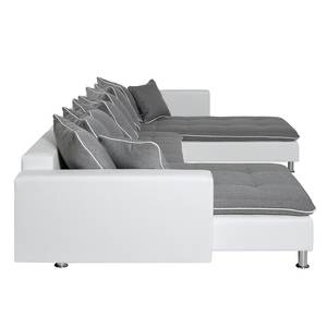 Canapé modulable Finlay Cuir synthétique blanc / Tissu gris - Chaise longue à droite (vue de face)