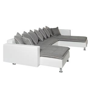 Canapé modulable Finlay Cuir synthétique blanc / Tissu gris - Chaise longue à droite (vue de face)