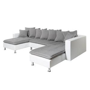 Canapé modulable Finlay Cuir synthétique blanc / Tissu gris - Chaise longue à droite (vue de face)