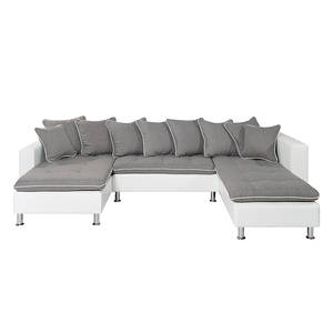 Canapé modulable Finlay Cuir synthétique blanc / Tissu gris - Chaise longue à droite (vue de face)