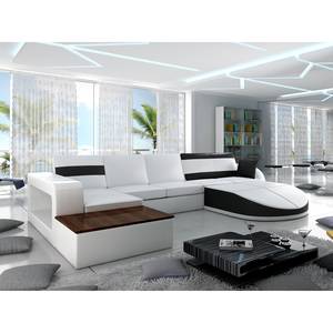 Hoekbank Miami zwart/wit kunstleer - longchair met houten element vooraanzicht rechts