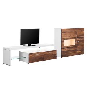 Tv-meubel Solano II deels massief - Notenboomhout/wit - Glazendeur rechts - Met verlichting